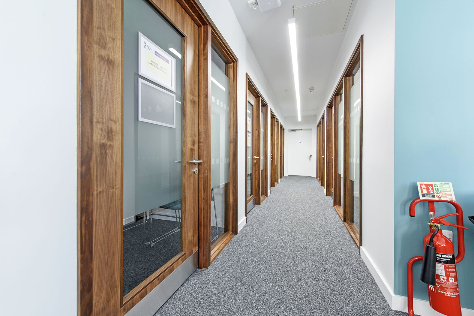 Walnut-framed doors and glazed screens at the Royal Veterinary College, photographed by Ahmarra